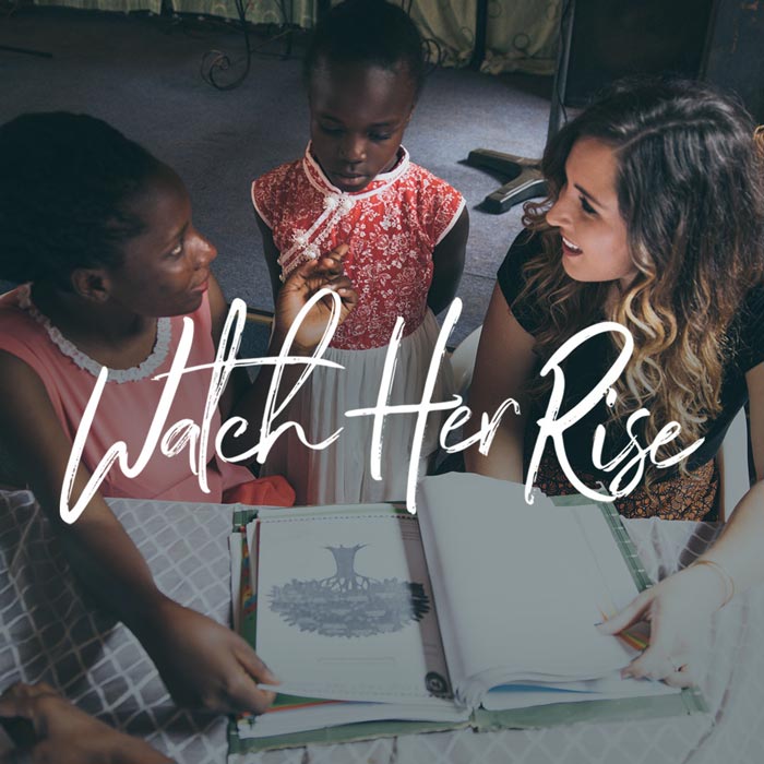 Two girls and a woman talking with the words "Watch her rise"