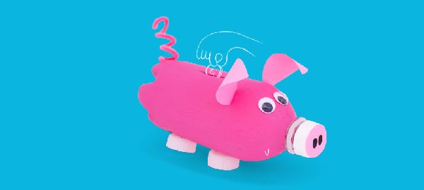 A water bottle crafted to look like a pink pig for use as a piggy bank