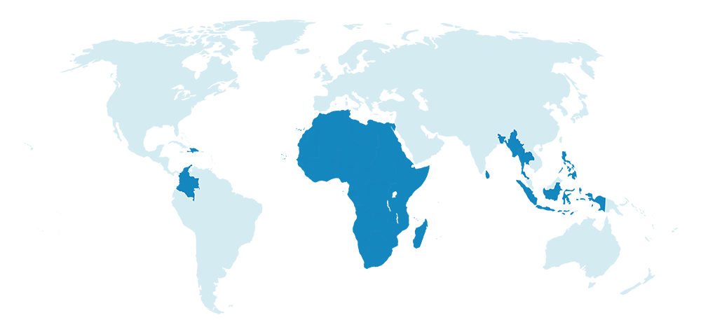 map highlighting Africa, Asia, Colombia and Haiti