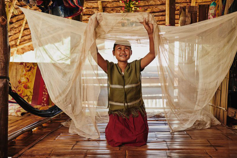 A girl smiles and holds a mosquito net