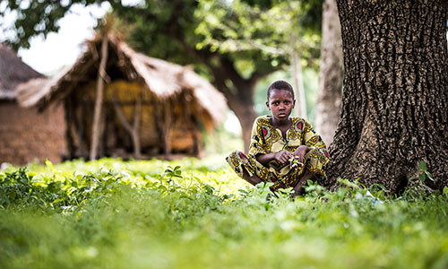 A boy squats down next to a tree