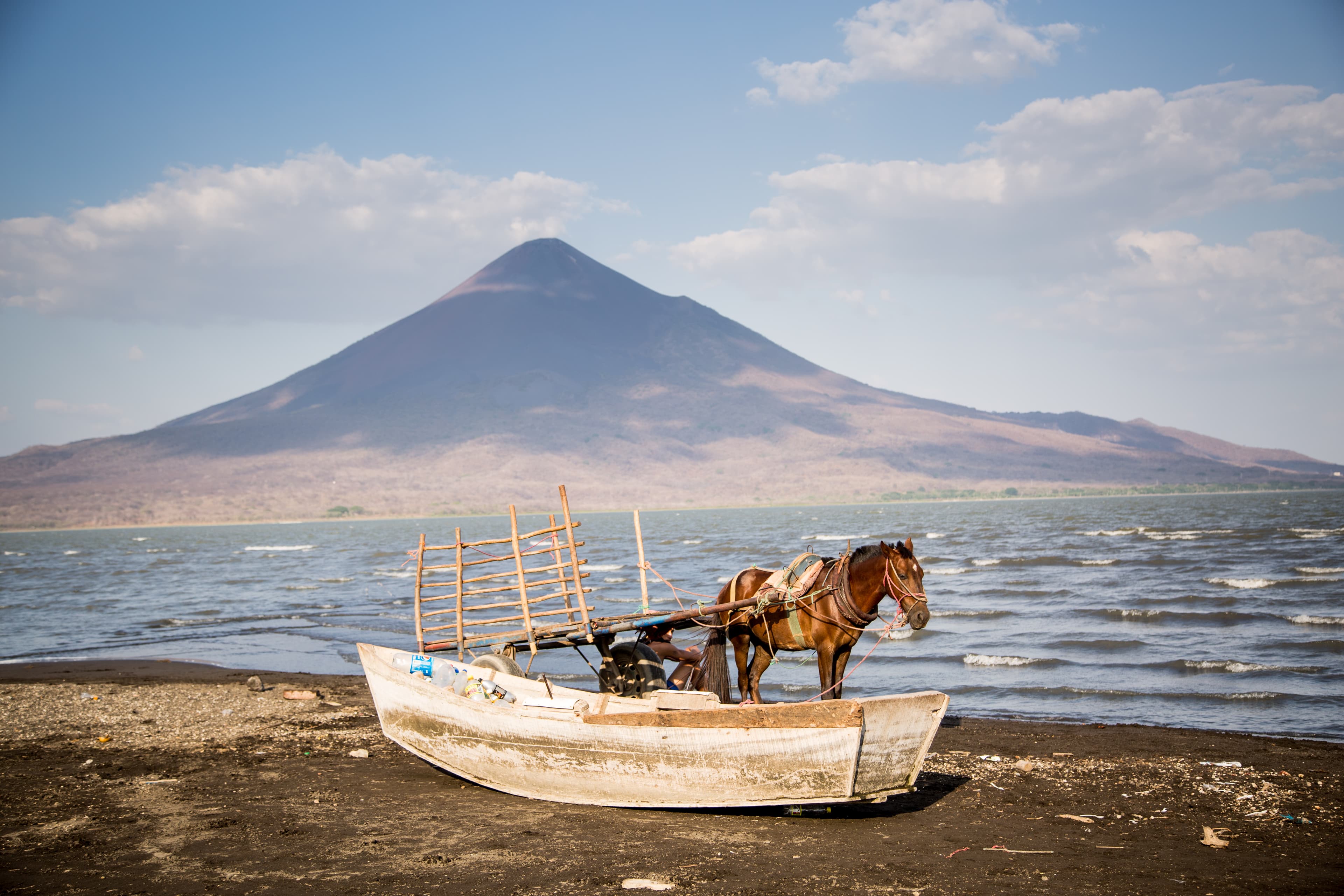 A horse and a boat stand in front of a lake with a volcano in the background.