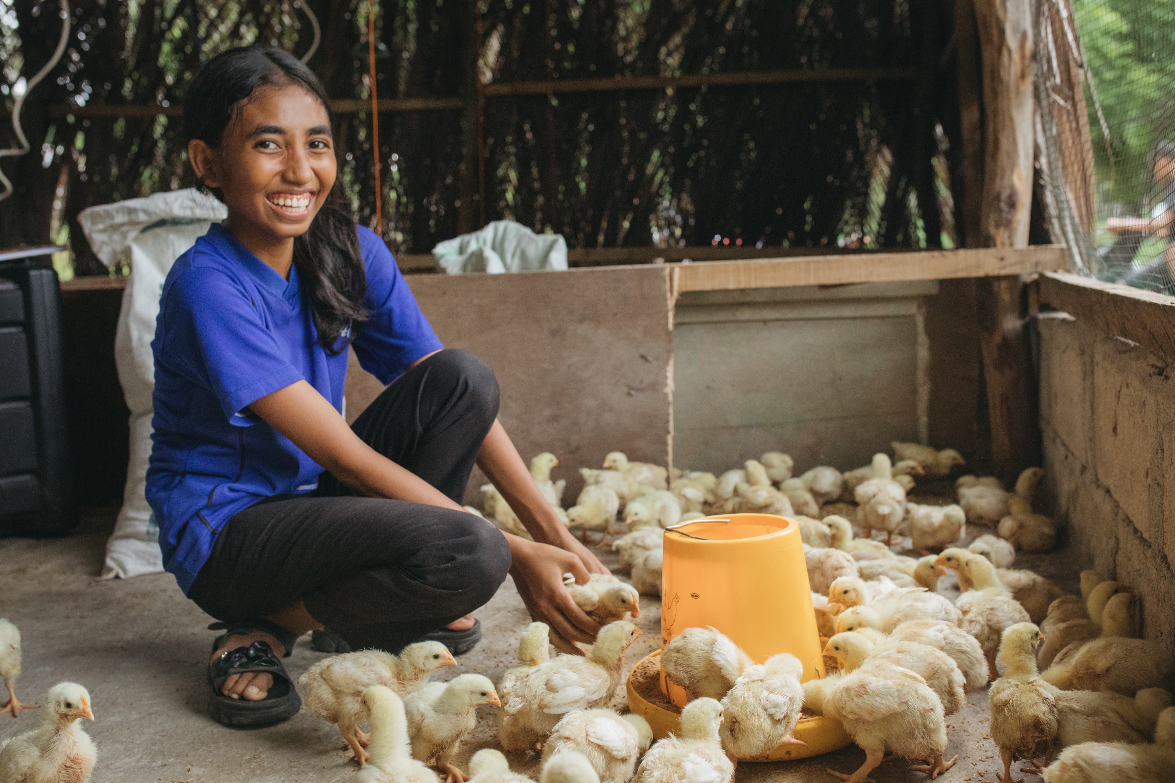 A young girl leans down in her chicken cage, holding a chick in her hands.