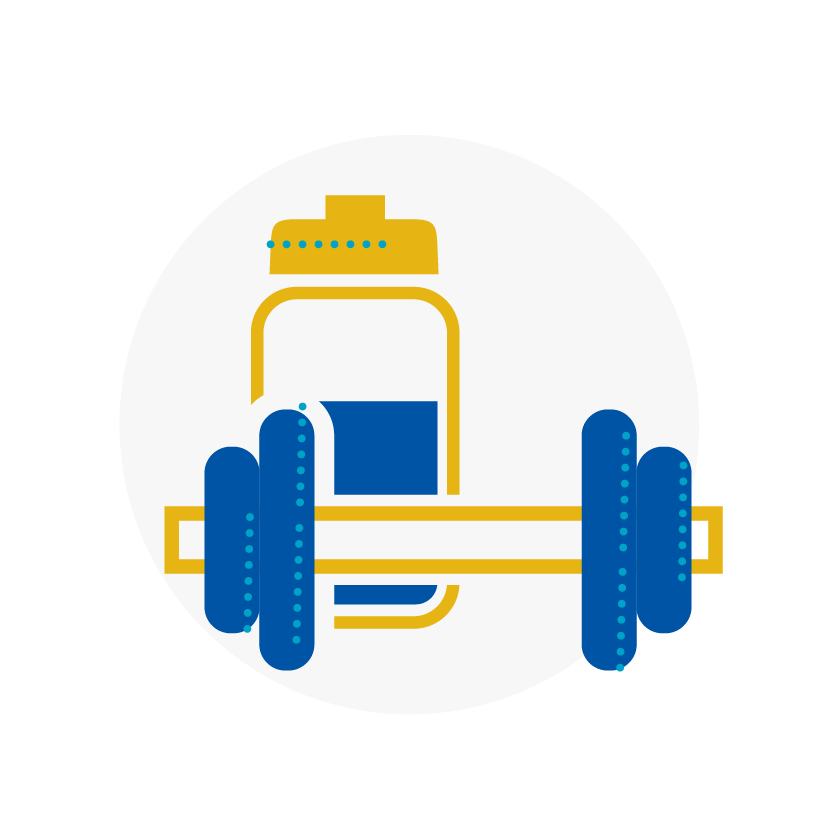 Blue and yellow icon of a dumbbell and water bottle