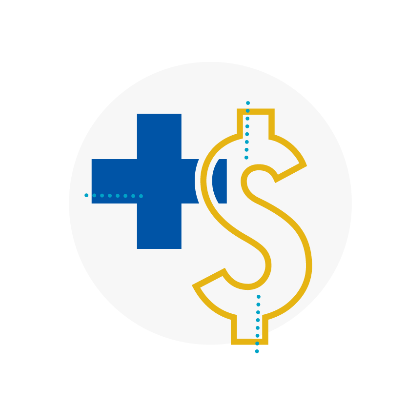 Blue and yellow icon of medical cross and dollar sign