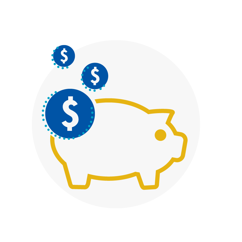 Blue and yellow icon of piggy bank and dollar sign