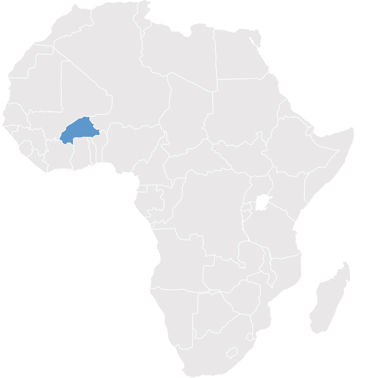 Gray map of Africa with Burkina Faso in blue