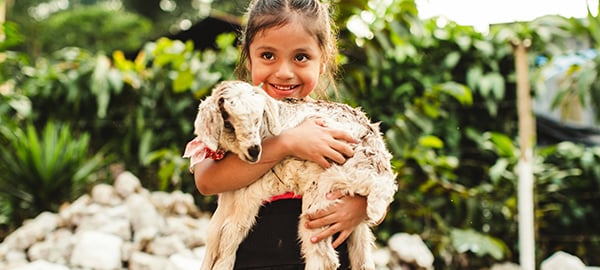 A little girl holding a goat