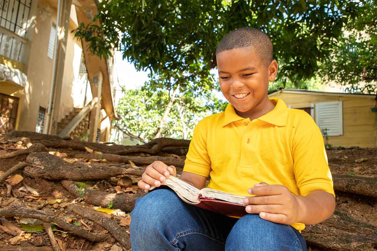 Young boy in a yellow shirt reading a bible amongst tree logs.