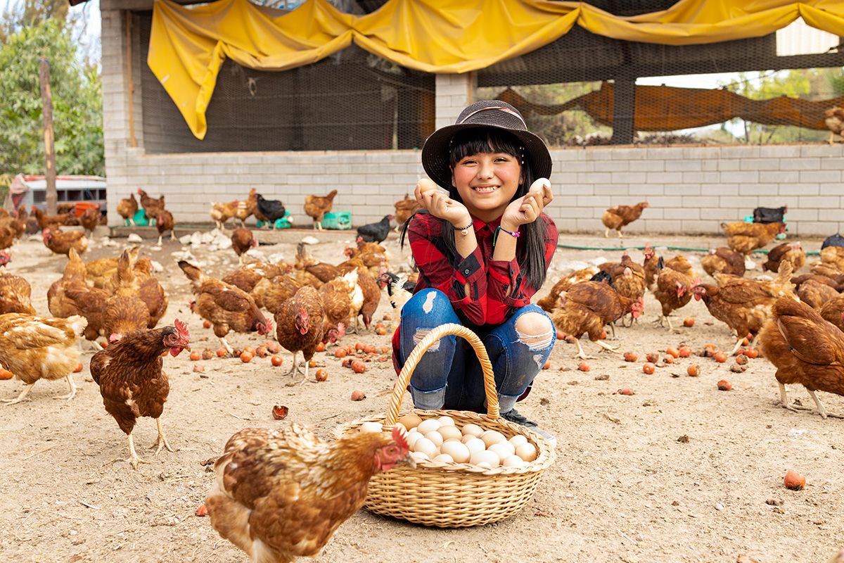a girl squats in a chicken yard and holds 2 eggs