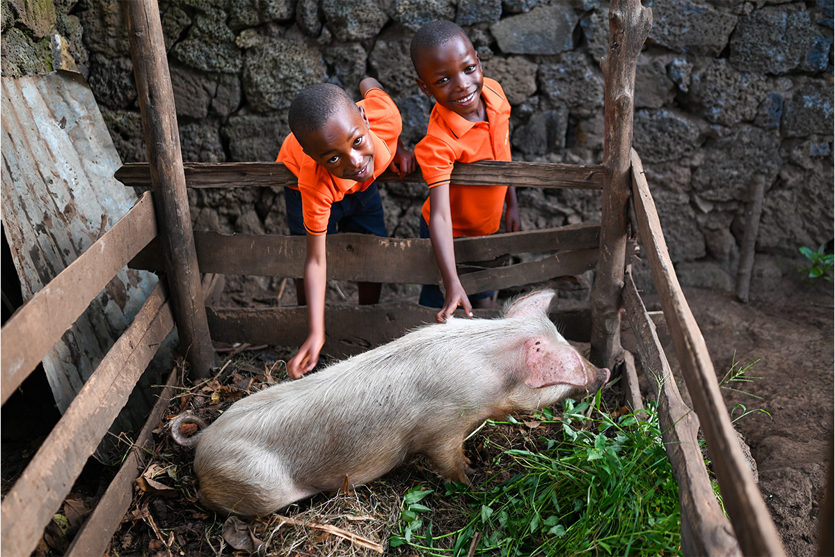 Twins smile as they pet a pig