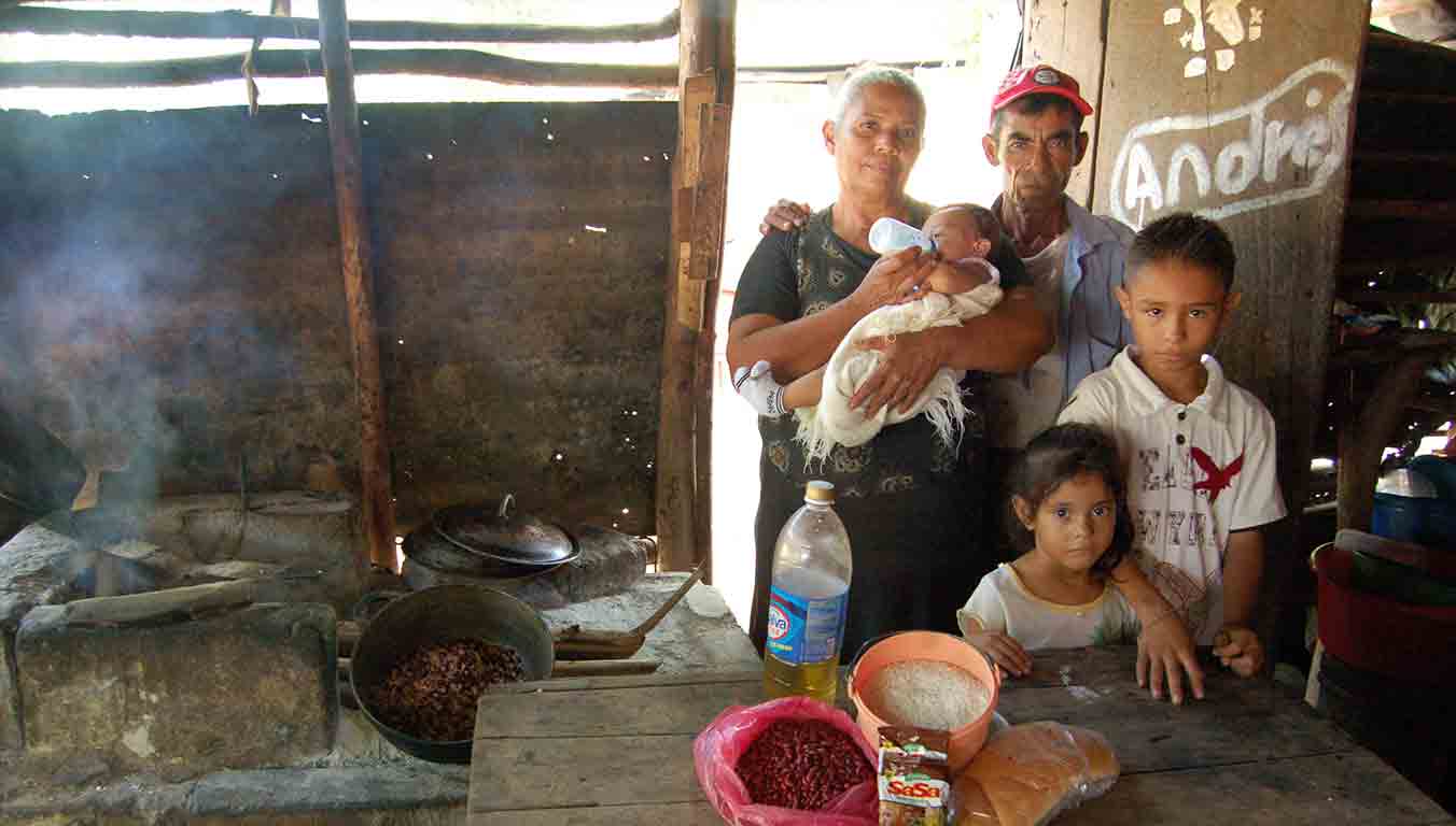 A Nicaraguan family standing behind a table with their food for the day