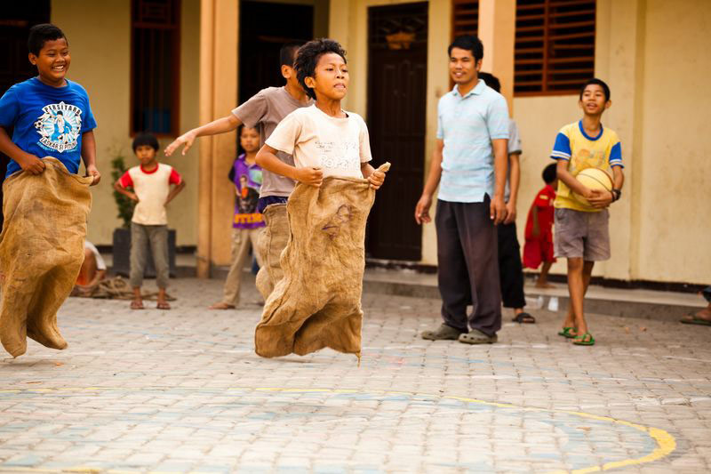 Children have a sack race