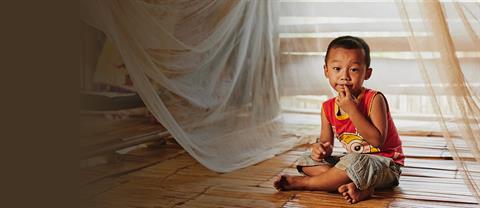 a boy sits under a malaria net in his home