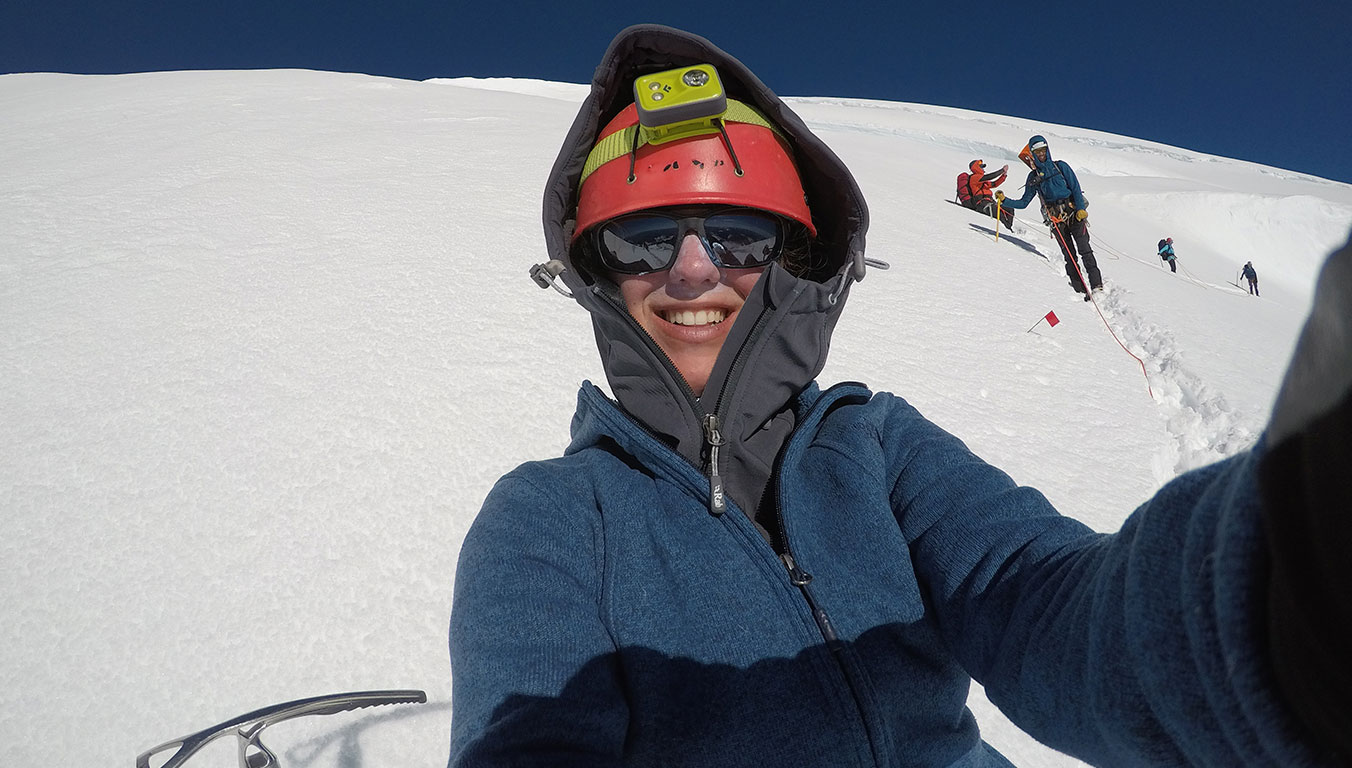 Taking a selfie on her climb up Mt Rainier