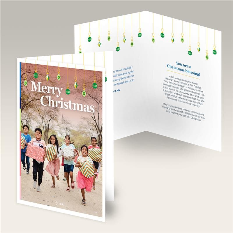 Digital artwork of a card that says, "Merry Christmas" with children running, both in opened and closed form.