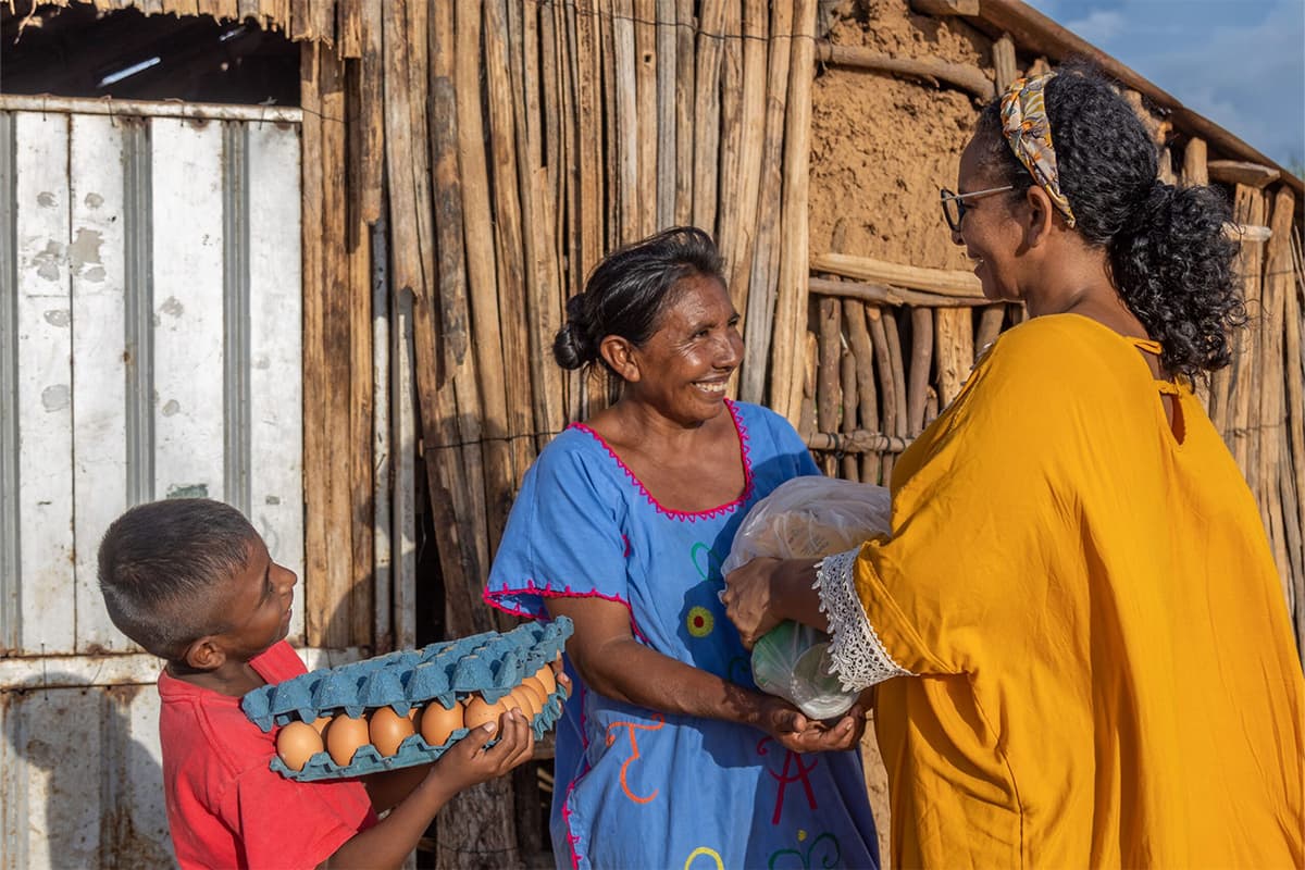 A woman is receiving a food delivery from her local church pastor.