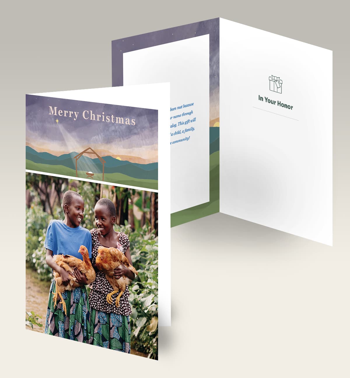 Digital artwork of greeting cards with the text," Merry Christmas" at the top with a photo of two girls holding chickens.