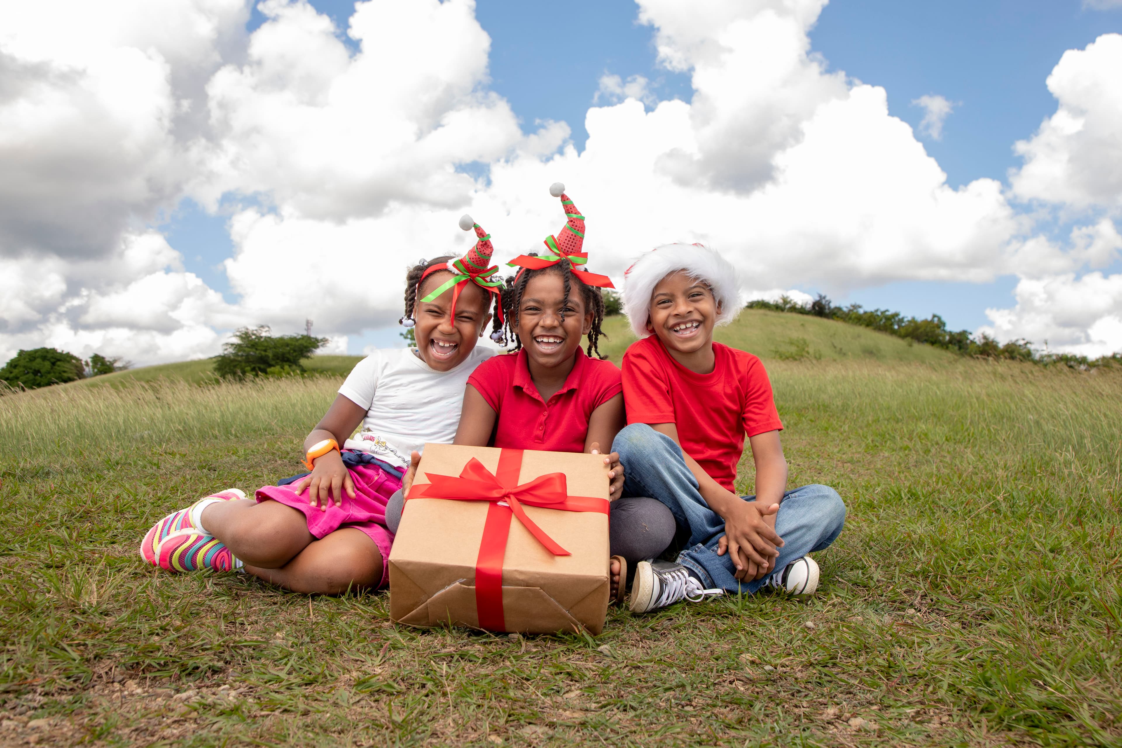 Three children are sitting on a grassy hill holding a large Christmas gift.