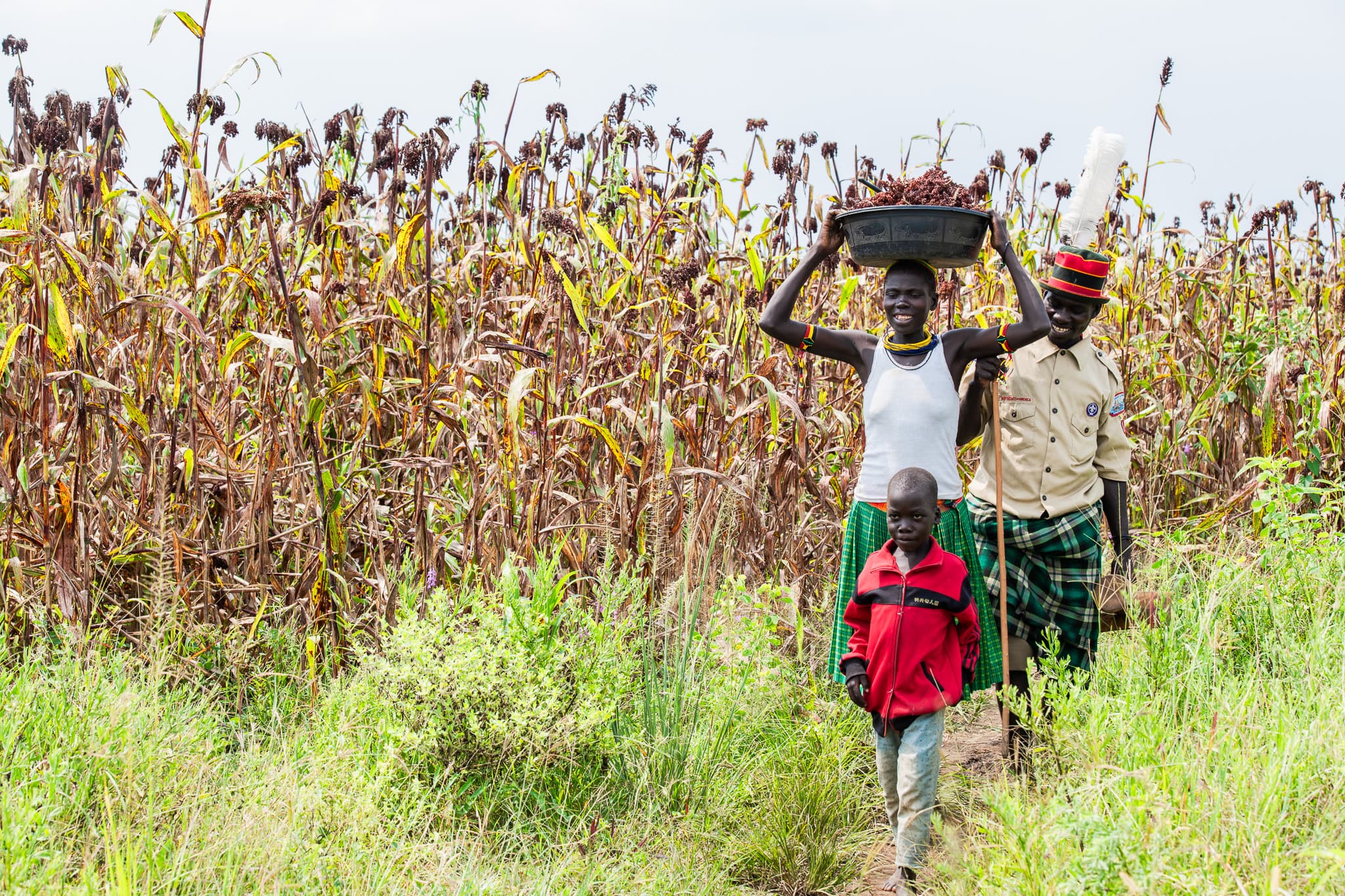 Two parents walk through a field with their young son, who is wearing a red shirt. The mother is carrying a container filled with vegetables on her head.