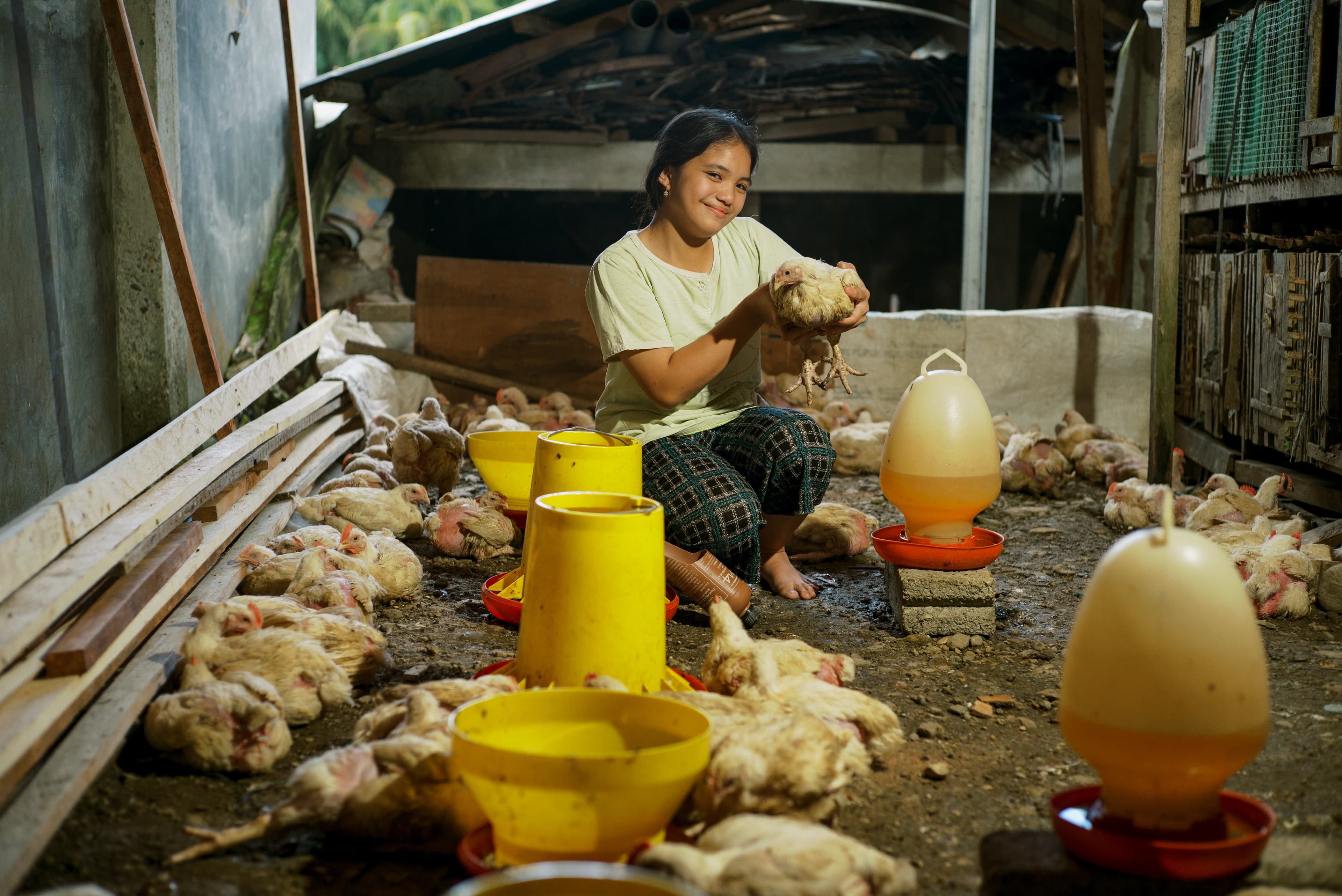 Teenaged girl smiles as she holds a chicken in her backyard.