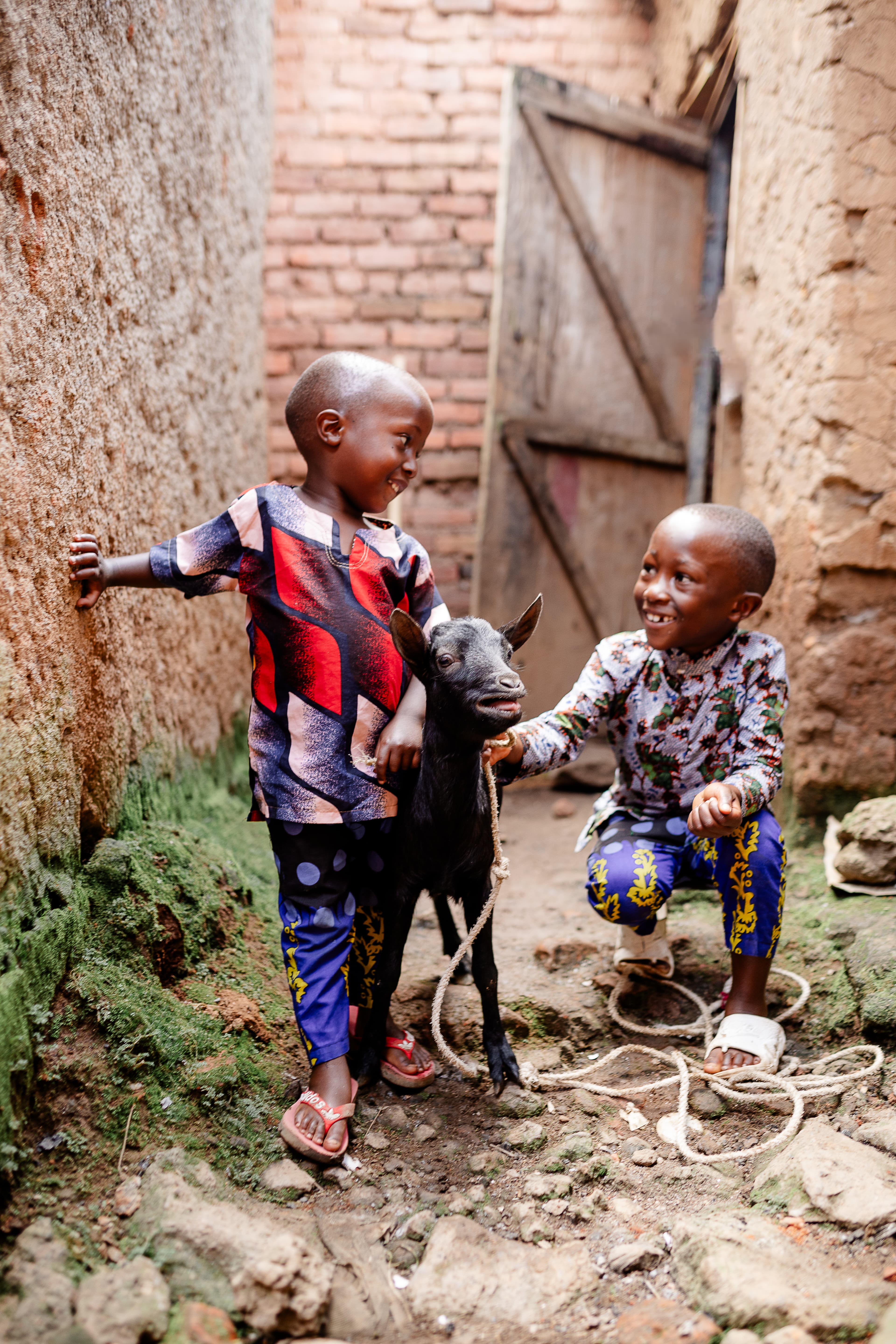 Two Rwandan boys playfully smile at each other while standing in an alley with a goat.