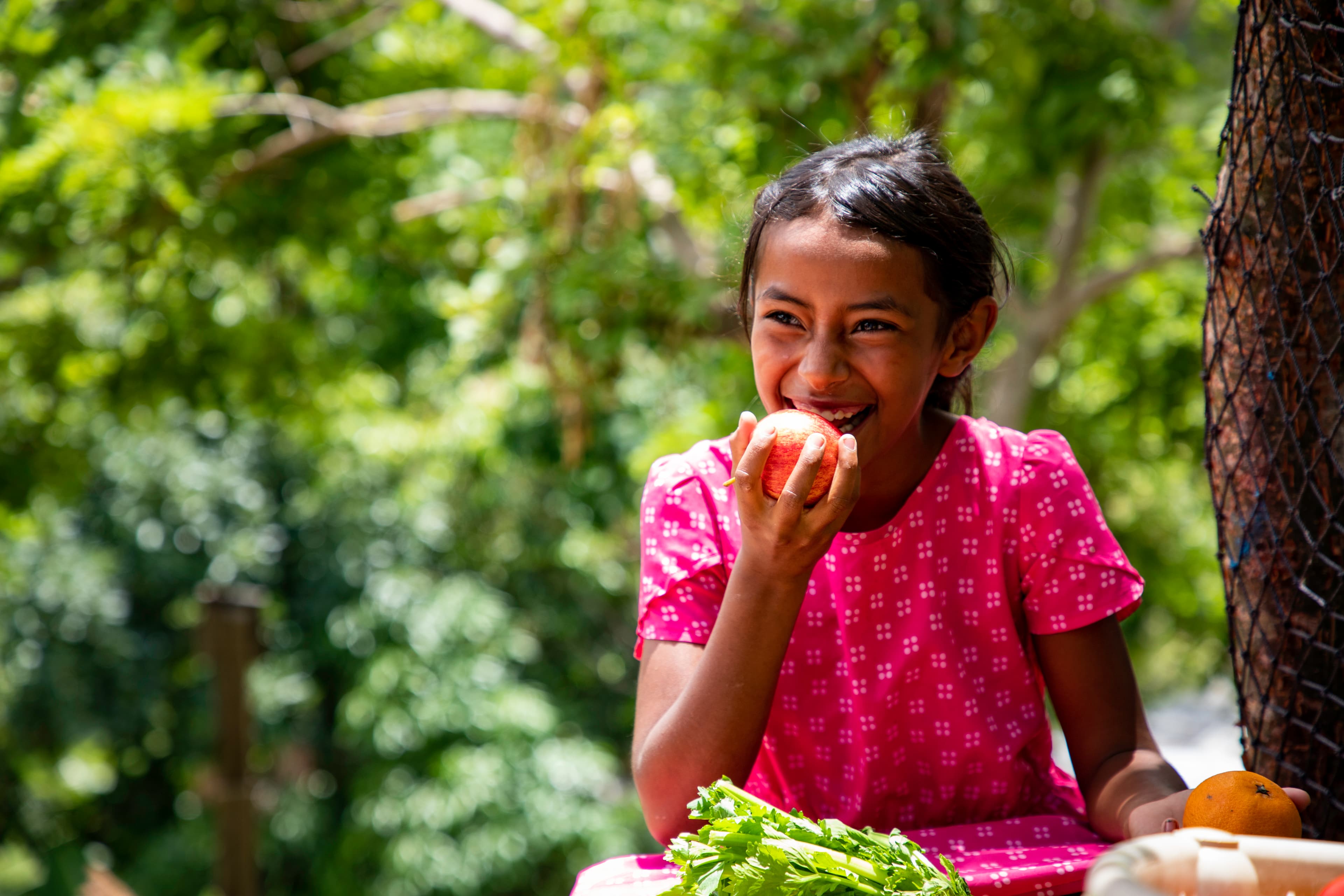A young girl wearing a pink dress smiles while biting into an apple.