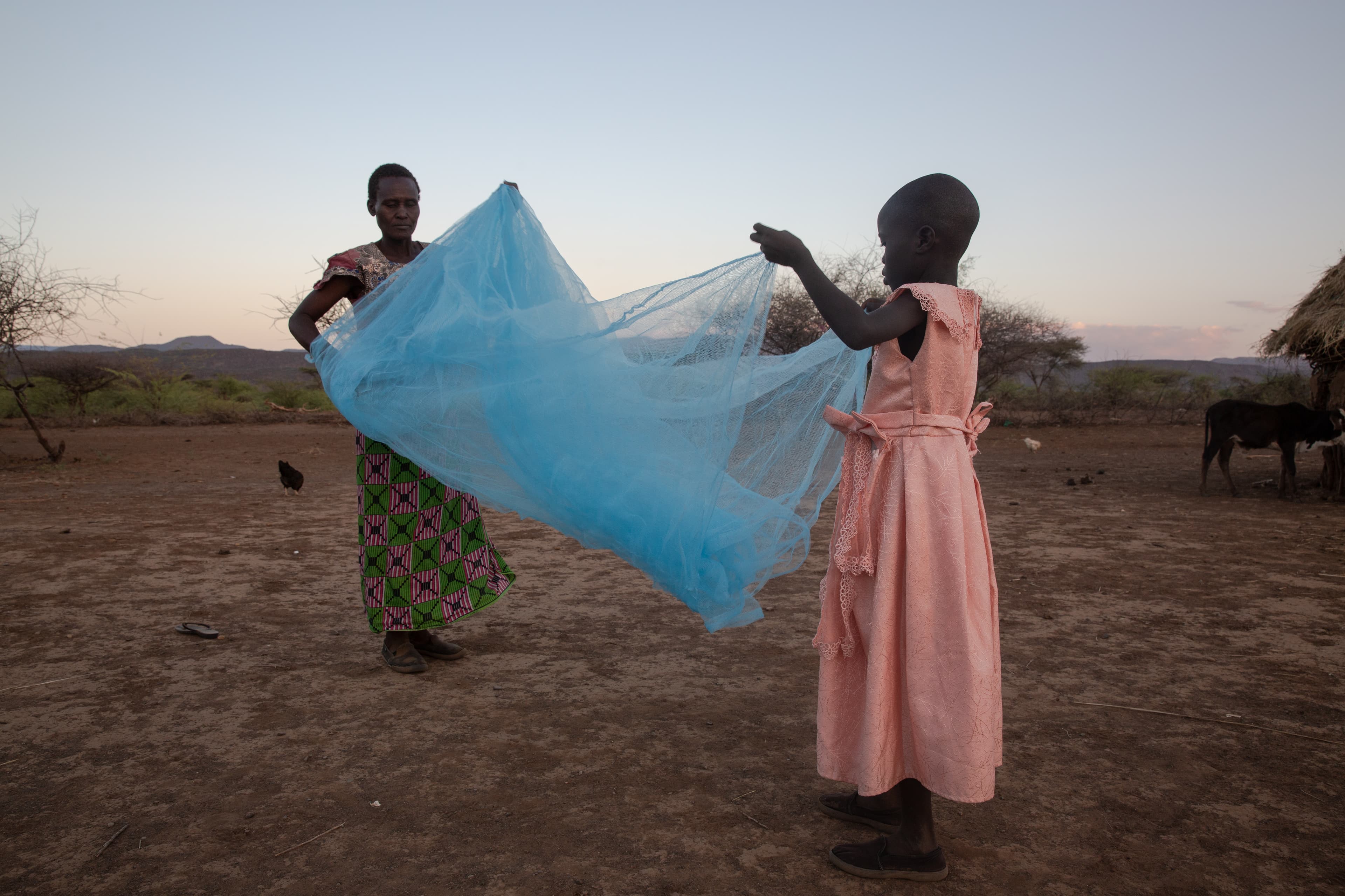 Two African girls spread out a blue mosquito net.