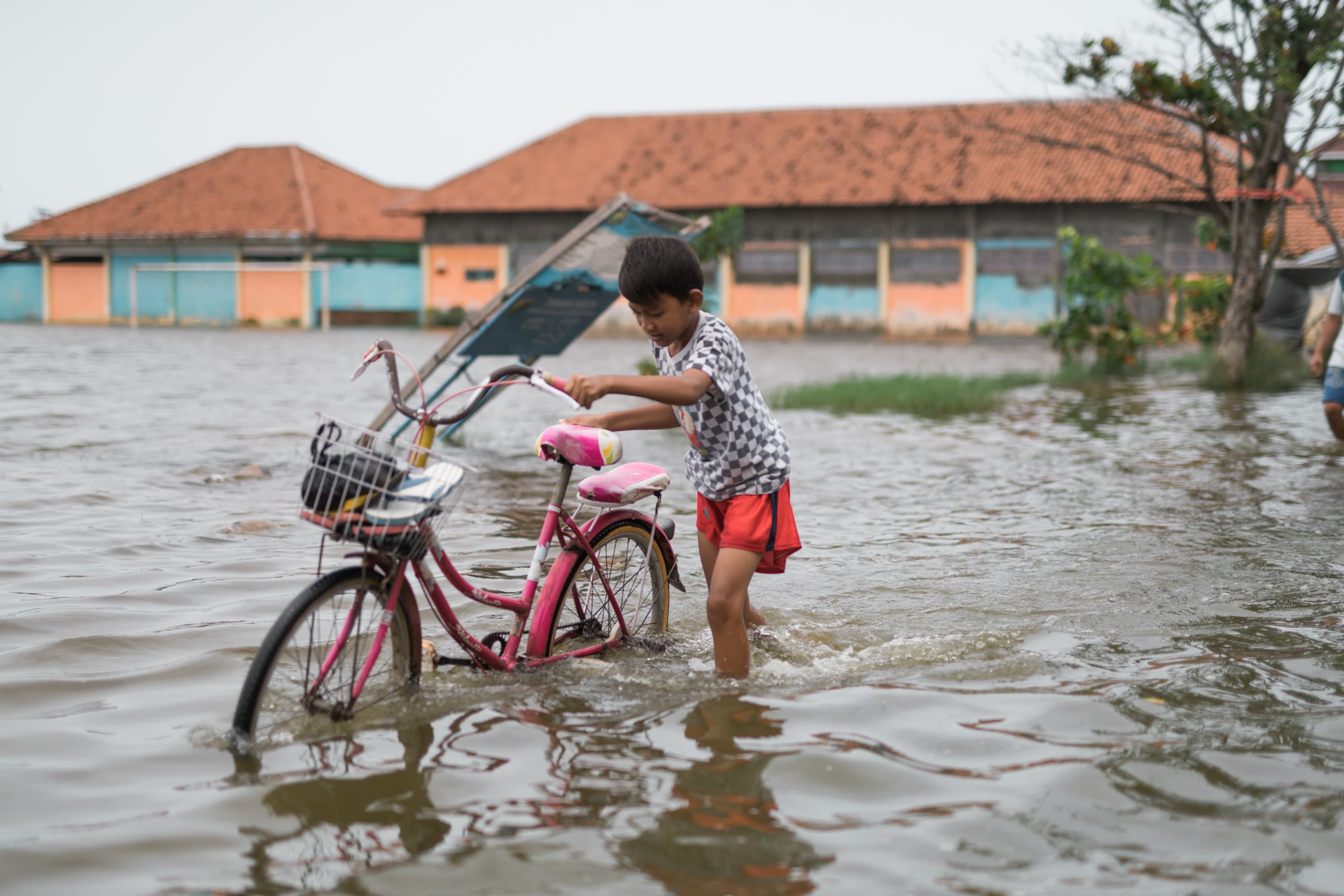 A boy wearing a black and white shirt with red shorts is pushing a bike through shin-level water. There is a building with a red roof and trees behind him.