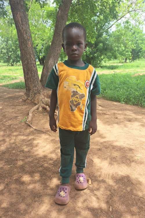 An unsponsored boy named Mouyimi from Ghana who lives in an AIDS-affected area and has waited 335 days for a sponsor.