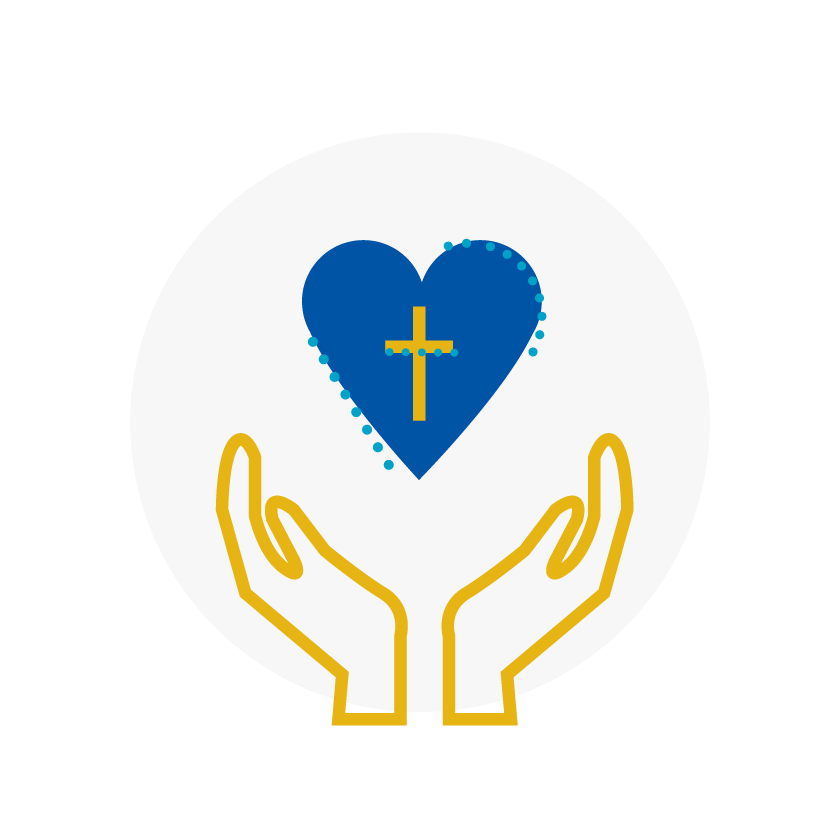 Blue and yellow icon of hand and a heart with cross