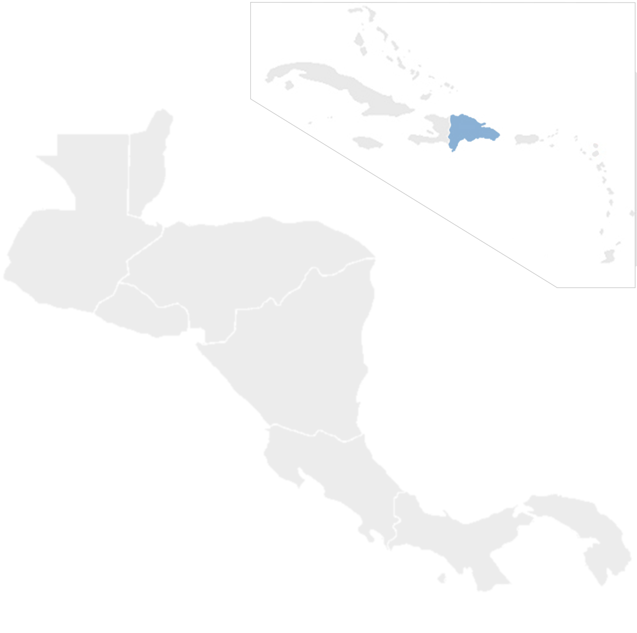 Gray map of Central America and the Caribbean with the Dominican Republic in blue
