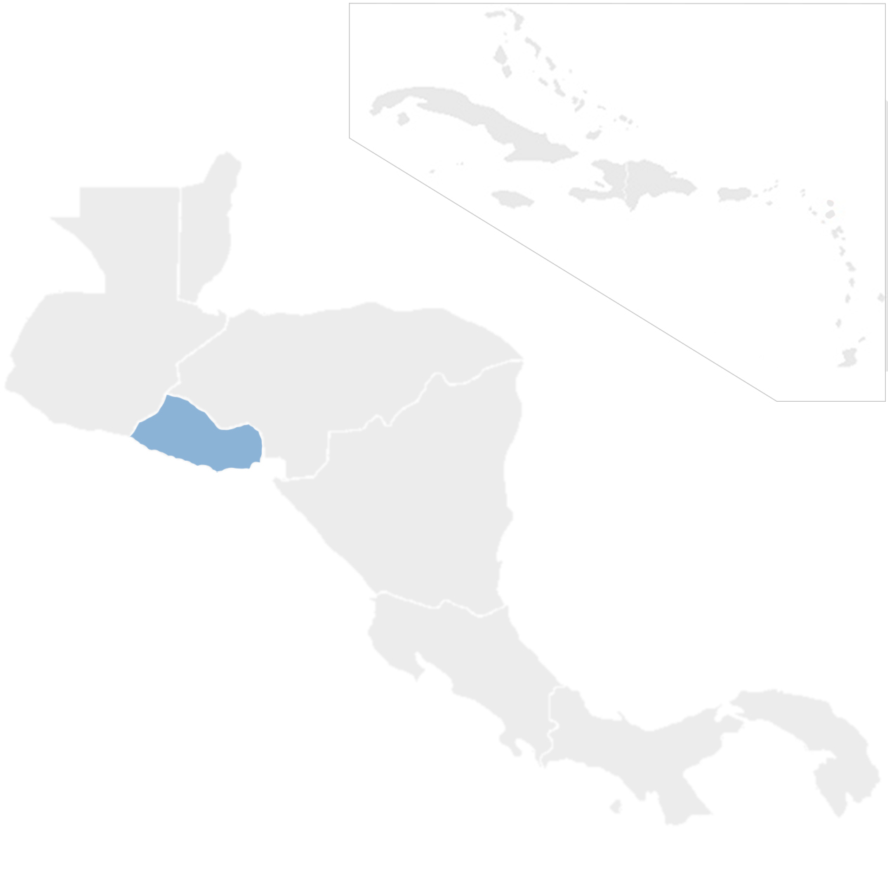 Gray map of Central America and the Caribbean with El Salvador in blue
