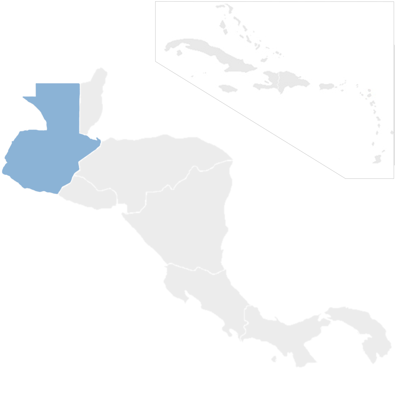Gray map of Central America and the Caribbean with Guatemala in blue
