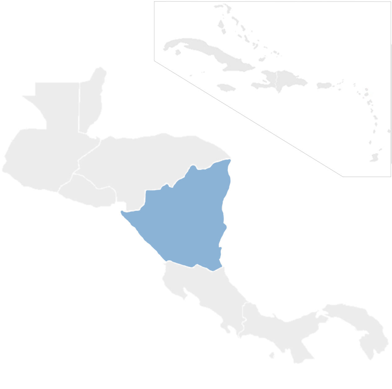 Gray map of Central America and the Caribbean with Nicaragua in blue