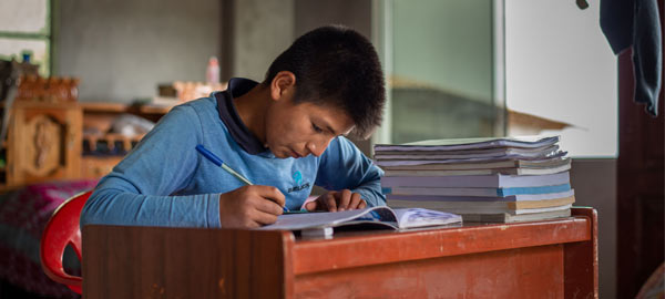 A boy studying while sitting at his desk