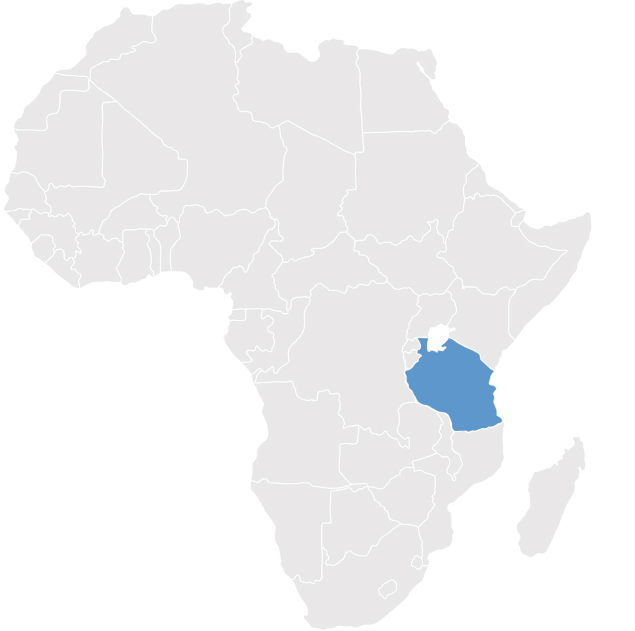 Gray map of Africa with Tanzania in blue