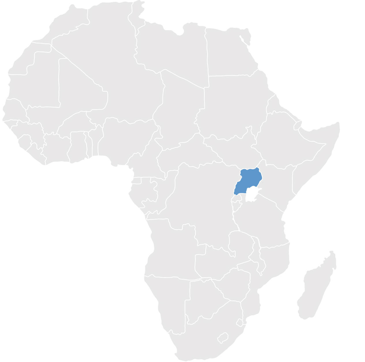 Gray map of Africa with Uganda in blue